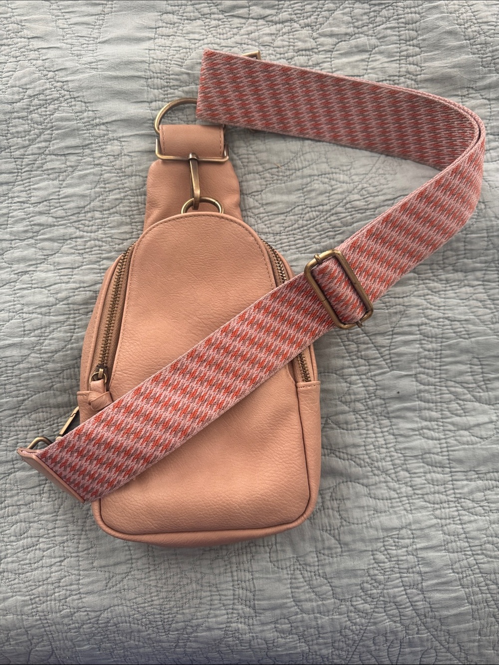 Anthropologie Peach Leather Crossbody Sling Bag with Patterned Strap